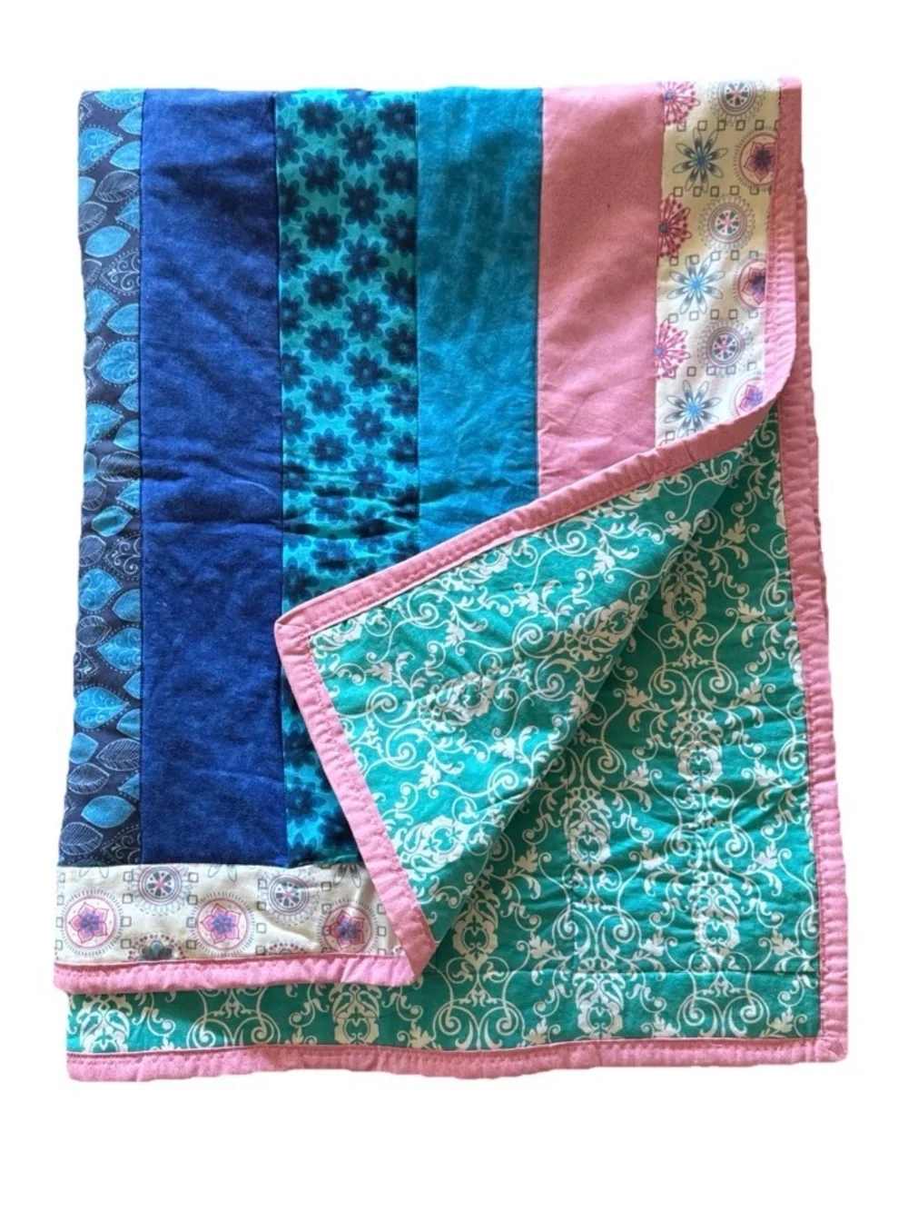 Handmade Patchwork Quilt Throw Multicolor Blue Pink Reversible Cotton Blanket